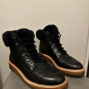 Botkier Black Fur Lined Lace Up Boots with Brown Sole